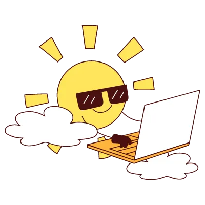 Illustration of a sun working at a laptop above the clouds