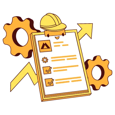 Illustration of a checklist, cogs and a hard hat